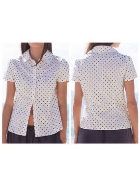 Cotton Blend Button Up Shirt Womens One Size White Polka Dot Peter Pan Collar